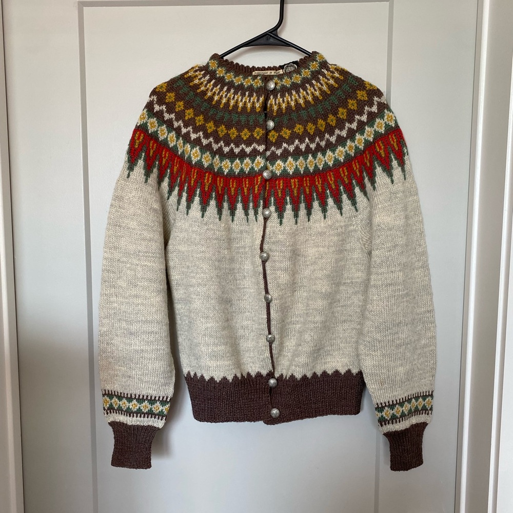 Norwegian wool hand knit fair isle cardigan sweater 1950s Nordic vintage - Picture 2 of 6